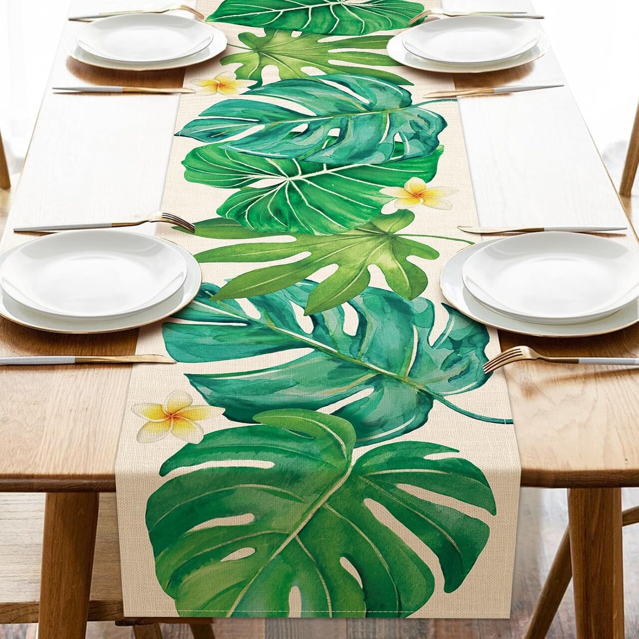 Summer Monstera Palm Leaves Dining Table Runner 13 x 72 Inches